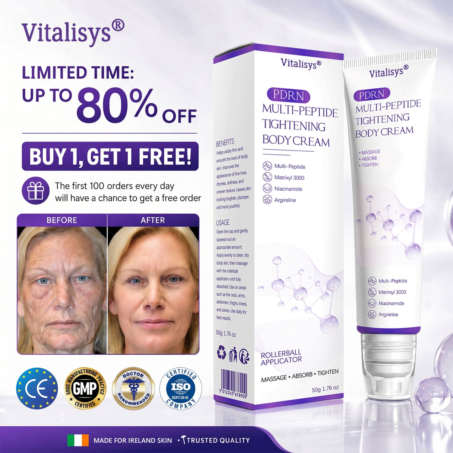 Enjoy an exclusive 30% discount:Vitalisys® 🍈PDRN Multi-Peptide Massaging Body Roller Cream- Anti-aging, Hydrating, Skin Firming & Lifting, Skin Repair, Even Tone, Acne and Dark Spot Treatment, Wart and Mole Removal, and Psoriasis Relief.