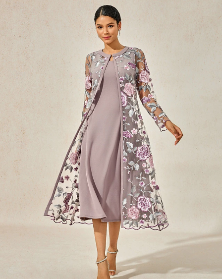 Women's Midi Dress Cocktail Dress Dress Set Wedding Guest Dress A Line Dress Elegant Formal Wedding Party Floral Long Sleeve Crew Neck Gray Pink